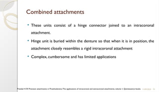 74
Combined attachments
 These units consist of a hinge connector joined to an intracoronal
attachment.
 Hinge unit is buried within the denture so that when it is in position, the
attachment closely resembles a rigid intracoronal attachment
 Complex, cumbersome and has limited applications
11/09/2025
Preiskel H.W. Precision attachments in Prosthodontics:The applications of intracoronal and extracoronal attachments, volume 1, Quintessence books
 