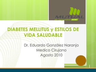 Chile
MARCA
DE EXCELENCIA
DIABETES MELLITUS y ESTILOS DE
VIDA SALUDABLE
Dr. Eduardo González Naranjo
Medico Cirujano
Agosto 2010
 