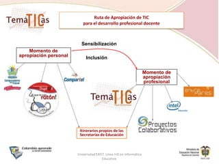 Ruta de Apropiación de TIC para el desarrollo profesional docenteSensibilizaciónMomento de apropiación personalInclusiónMomento de apropiación profesionalItinerarios propios de las Secretarías de EducaciónUniversidad EAFIT. Línea I+D en Informática Educativa.