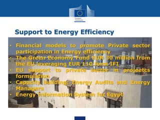 Support to Energy Efficiency
• Financial models to promote Private sector
participation in Energy efficiency
• The Green Economy Fund EUR 30 million from
the EU leveraging EUR 110 form IFI
• EU support to private sector in projeetcs
formulation
• Capacity building: Energy Audits and Energy
Managers
• Energy Information System for Egypt
 