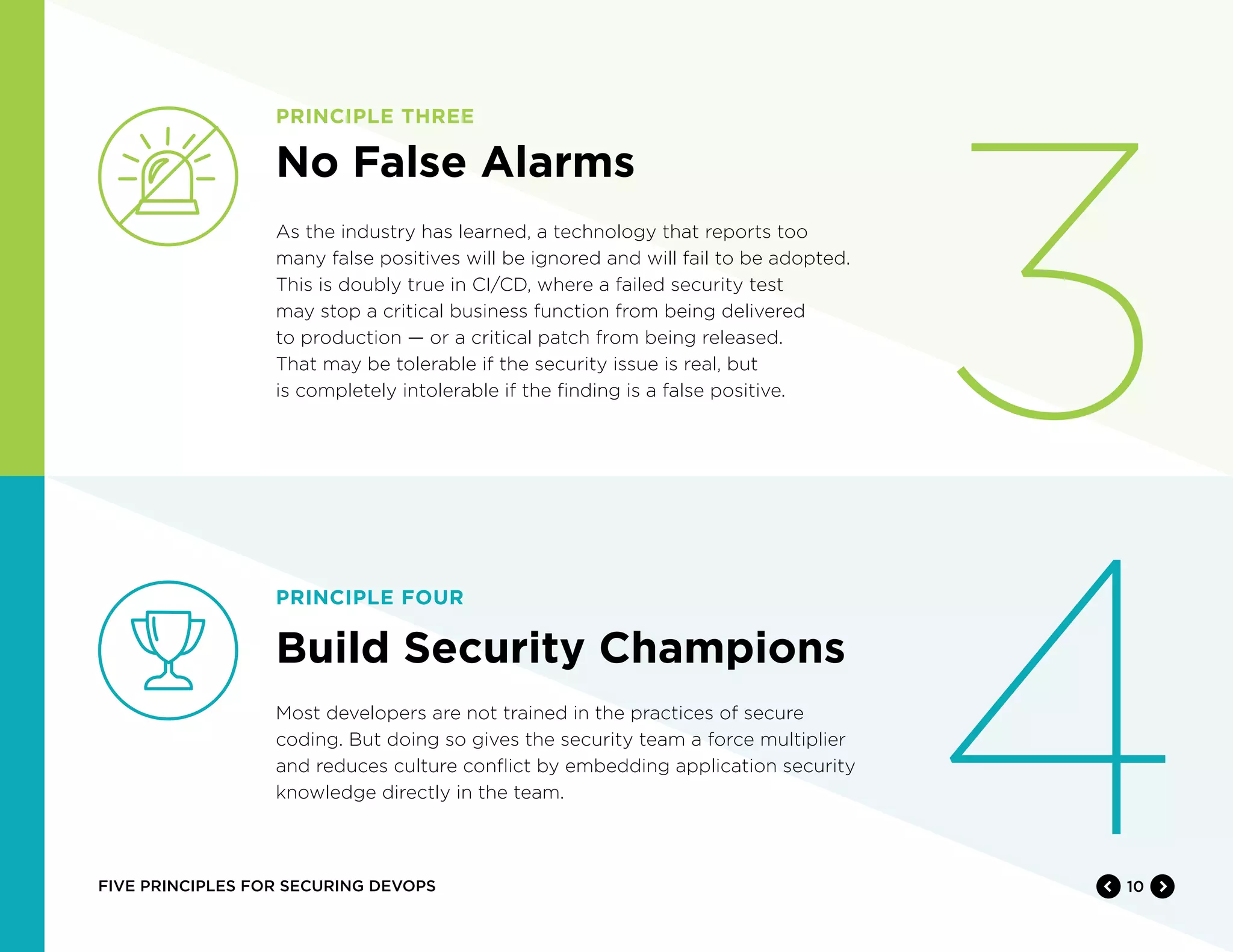 10FIVE PRINCIPLES FOR SECURING DEVOPS
As the industry has learned, a technology that reports too
many false positives will be ignored and will fail to be adopted.
This is doubly true in CI/CD, where a failed security test
may stop a critical business function from being delivered
to production — or a critical patch from being released.
That may be tolerable if the security issue is real, but
is completely intolerable if the finding is a false positive.
Most developers are not trained in the practices of secure
coding. But doing so gives the security team a force multiplier
and reduces culture conflict by embedding application security
knowledge directly in the team.
3
4
PRINCIPLE THREE
No False Alarms
PRINCIPLE FOUR
Build Security Champions
 