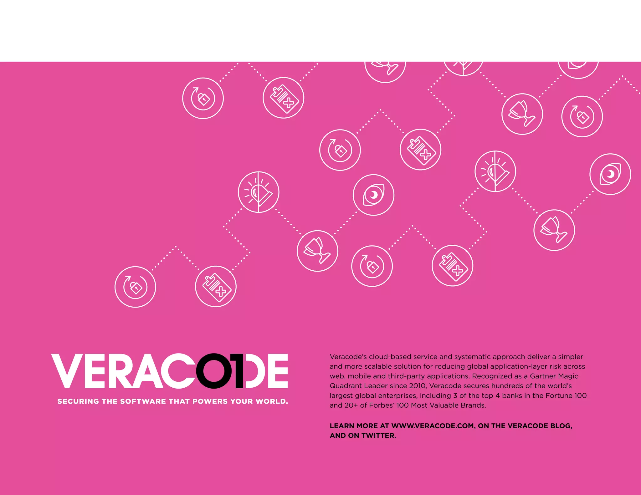 Veracode’s cloud-based service and systematic approach deliver a simpler
and more scalable solution for reducing global application-layer risk across
web, mobile and third-party applications. Recognized as a Gartner Magic
Quadrant Leader since 2010, Veracode secures hundreds of the world’s
largest global enterprises, including 3 of the top 4 banks in the Fortune 100
and 20+ of Forbes’ 100 Most Valuable Brands.
LEARN MORE AT WWW.VERACODE.COM, ON THE VERACODE BLOG,
AND ON TWITTER.
 
