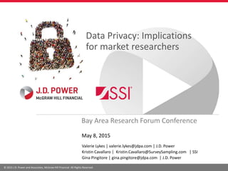 © 2015 J.D. Power and Associates, McGraw Hill Financial. All Rights Reserved.
Data Privacy: Implications
for market researchers
May 8, 2015
Bay Area Research Forum Conference
Valerie Lykes │ valerie.lykes@jdpa.com │ J.D. Power
Kristin Cavallaro │ Kristin.Cavallaro@SurveySampling.com │ SSI
Gina Pingitore │ gina.pingitore@jdpa.com │ J.D. Power
 