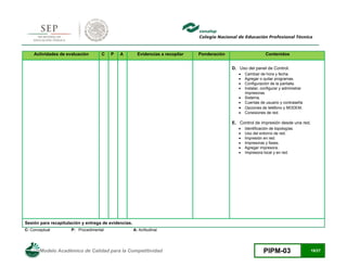 Modelo Académico de Calidad para la Competitividad PIPM-03 19/27
Actividades de evaluación C P A Evidencias a recopilar Ponderación Contenidos
D. Uso del panel de Control.
 Cambiar de hora y fecha.
 Agregar o quitar programas.
 Configuración de la pantalla.
 Instalar, configurar y administrar
impresoras.
 Sistema.
 Cuentas de usuario y contraseña
 Opciones de teléfono y MODEM.
 Conexiones de red.
E. Control de impresión desde una red.
 Identificación de topologías.
 Uso del entorno de red.
 Impresión en red.
 Impresoras y faxes.
 Agregar impresora.
 Impresora local y en red.
Sesión para recapitulación y entrega de evidencias.
C: Conceptual P: Procedimental A: Actitudinal
 