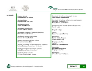 Modelo Académico de Calidad para la Competitividad PIPM-03 3/27
Directorio
Directora General
Candita Victoria Gil Jiménez
Secretario General
Roger Armando Frías Frías
Secretario Académico
Tomás Pérez Alvarado
Secretaria de Administración
Corazón de María Madrigal
Secretaria de Planeación y Desarrollo Institucional
María Isabel Zapata Vásquez
Secretario de Servicios Institucionales
Salvador Alvarado Garibaldi
Director Corporativo de Asuntos Jurídicos
Marco Antonio Islas Colín
Titular de la Unidad de Estudios e Intercambio Académico
Patricia Guadalupe Guadarrama Hernández
Director Corporativo de Tecnologías Aplicadas
Pedro Eduardo Azuara Arechederra
Director de Diseño Curricular
Christian Eduardo López Losoya
Coordinador de las Áreas Básicas y de Servicios
Jaime Gustavo Ayala Arellano
Coordinador de las Áreas de Mantenimiento e Instalación,
Electricidad, Electrónica y TIC
Marco Antonio Valadez Pérez
Coordinación de las Áreas de Procesos de Producción y
Transformación
Grupo de trabajo:
Técnico:
Sandra Luz Lozano Ramírez
Metodológico:
Patricia Toledo Márquez
Virginia Morales Cruz
Grupo que actualiza:
Técnico:
Sandra Luz Lozano Ramírez
Metodológico:
Rosalba Vázquez García
Grupo que actualiza:
Metodológico:
Ulises Domínguez Rodríguez
 