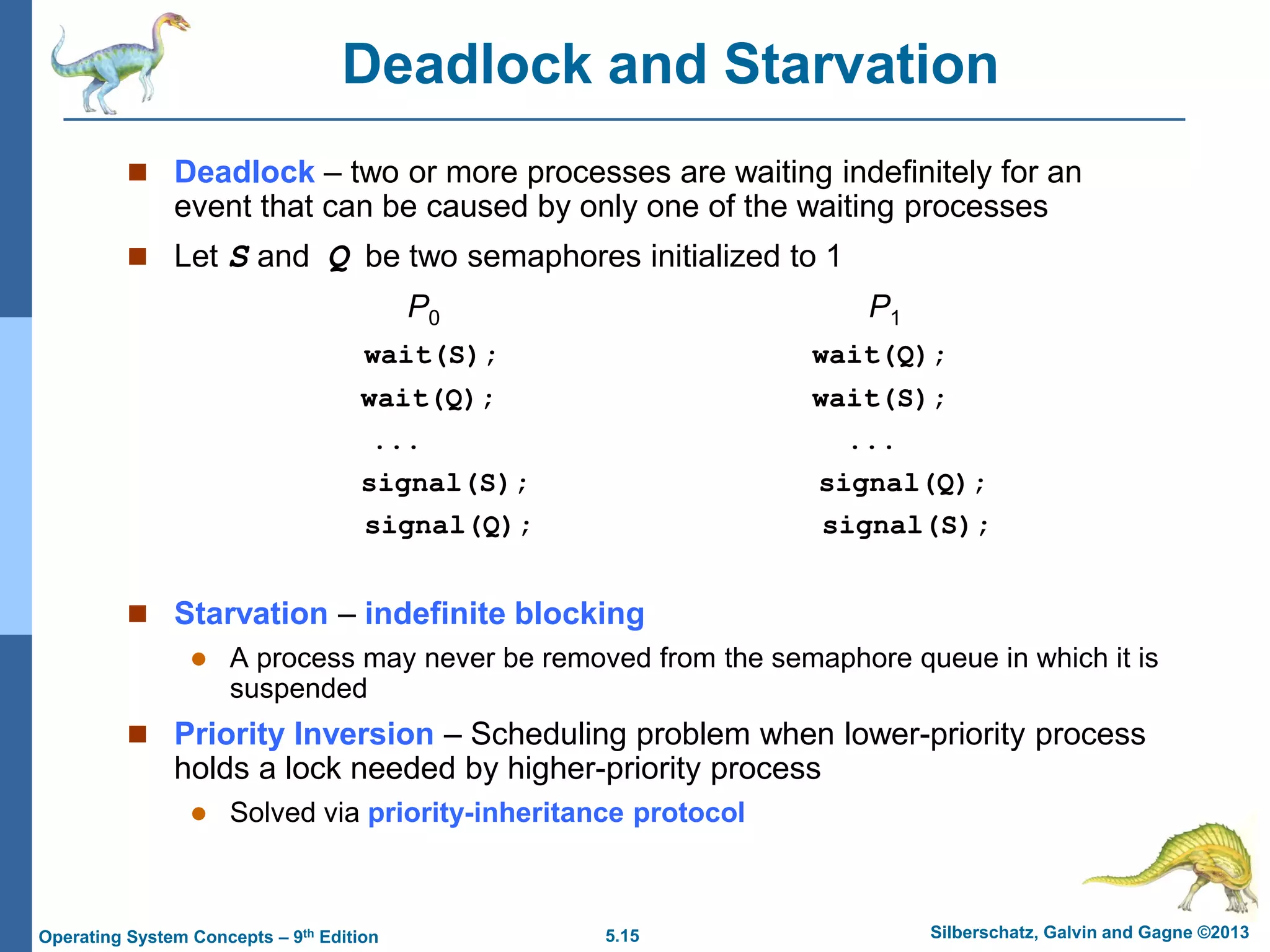 5.15 Silberschatz, Galvin and Gagne ©2013
Operating System Concepts – 9th Edition
Deadlock and Starvation
 Deadlock – two or more processes are waiting indefinitely for an
event that can be caused by only one of the waiting processes
 Let S and Q be two semaphores initialized to 1
P0 P1
wait(S); wait(Q);
wait(Q); wait(S);
... ...
signal(S); signal(Q);
signal(Q); signal(S);
 Starvation – indefinite blocking
 A process may never be removed from the semaphore queue in which it is
suspended
 Priority Inversion – Scheduling problem when lower-priority process
holds a lock needed by higher-priority process
 Solved via priority-inheritance protocol
 