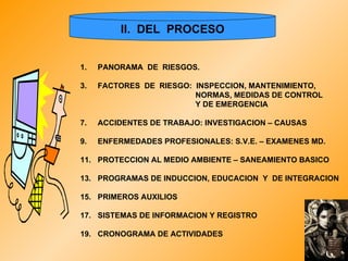 II.  DEL  PROCESO PANORAMA  DE  RIESGOS. FACTORES  DE  RIESGO:  INSPECCION, MANTENIMIENTO,    NORMAS, MEDIDAS DE CONTROL   Y DE EMERGENCIA ACCIDENTES DE TRABAJO: INVESTIGACION – CAUSAS ENFERMEDADES PROFESIONALES: S.V.E. – EXAMENES MD. PROTECCION AL MEDIO AMBIENTE – SANEAMIENTO BASICO PROGRAMAS DE INDUCCION, EDUCACION  Y  DE INTEGRACION PRIMEROS AUXILIOS SISTEMAS DE INFORMACION Y REGISTRO CRONOGRAMA DE ACTIVIDADES 