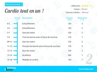 Cardio tout en un ! 
PROGRAMME 2
www.vescape.com
2
Difficulté :
Temps : 30 min
Calories brûlées : 300 kcal
Temps
(min)
Des...