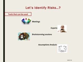 02/21/18
Let’s Identify Risks…?
Meetings
Experts
Brainstorming sessions
Assumptions Analysis
Tools that can be used
 