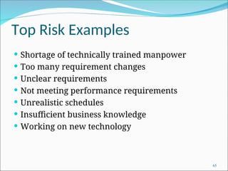 Top Risk Examples
 Shortage of technically trained manpower
 Too many requirement changes
 Unclear requirements
 Not meeting performance requirements
 Unrealistic schedules
 Insufficient business knowledge
 Working on new technology
65
 
