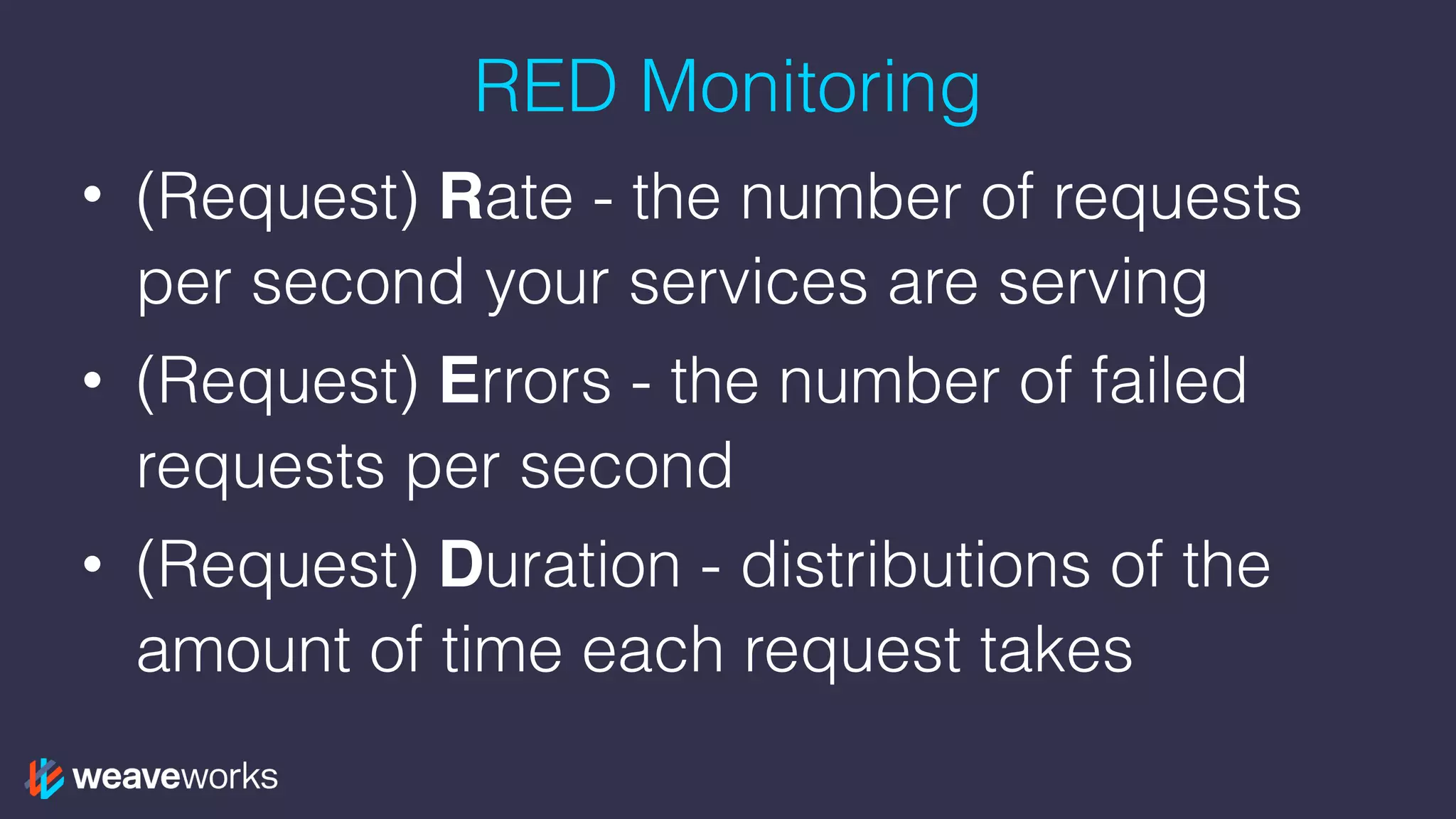 RED Monitoring
• (Request) Rate - the number of requests
per second your services are serving
• (Request) Errors - the number of failed
requests per second
• (Request) Duration - distributions of the
amount of time each request takes
 