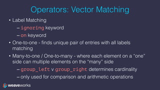Operators: Vector Matching
• Label Matching
– ignoring keyword
– on keyword
• One-to-one - finds unique pair of entries with all labels
matching
• Many-to-one / One-to-many - where each element on a “one”
side can multiple elements on the “many” side
– group_left v group_right determines cardinality
– only used for comparison and arithmetic operations
 