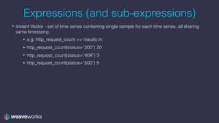 Expressions (and sub-expressions)
• Instant Vector - set of time series containing single sample for each time series, all...