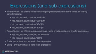Expressions (and sub-expressions)
• Instant Vector - set of time series containing single sample for each time series, all...