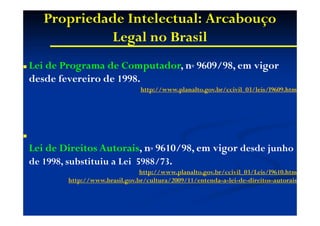Propriedade Intelectual: Arcabouço
Legal no Brasil
Lei de Programa de Computador, no 9609/98, em vigor
desde fevereiro de 1998.
http://www.planalto.gov.br/ccivil_03/leis/l9609.htm
Lei de Direitos Autorais, no 9610/98, em vigor desde junho
de 1998, substituiu a Lei 5988/73.
http://www.planalto.gov.br/ccivil_03/Leis/l9610.htm
http://www.brasil.gov.br/cultura/2009/11/entenda-a-lei-de-direitos-autorais
 