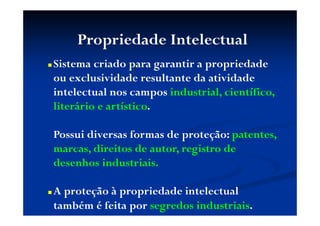 Propriedade Intelectual
Sistema criado para garantir a propriedade
ou exclusividade resultante da atividade
intelectual nos campos industrial, científico,
literário e artístico.
Possui diversas formas de proteção: patentes,
marcas, direitos de autor, registro de
desenhos industriais.
A proteção à propriedade intelectual
também é feita por segredos industriais.
 
