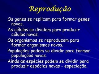 Reprodução
Os genes se replicam para formar genes
novos.
As células se dividem para produzir
células novas.
Os organismos se reproduzem para
formar organismos novos.
Populações podem se dividir para formar
populações novas.
Ainda as espécies podem se dividir para
produzir espécies novas - especiação.

 
