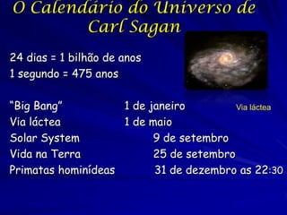 O Calendário do Universo de
Carl Sagan
24 dias = 1 bilhão de anos
1 segundo = 475 anos
“Big Bang”
1 de janeiro
Via láctea
Via láctea
1 de maio
Solar System
9 de setembro
Vida na Terra
25 de setembro
Primatas hominídeas
31 de dezembro as 22:30

 