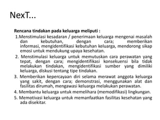 NexT...
 Rencana tindakan pada keluarga meliputi :
 1.Menstimulasi kesadaran / penerimaan keluarga mengenai masalah
    dan          kebutuhan,      dengan      cara;      memberikan
    informasi, mengidentifikasi kebutuhan keluarga, mendorong sikap
    emosi untuk mendukung upaya kesehatan.
 2. Menstimulasi keluarga untuk memutuskan cara perawatan yang
    tepat, dengan cara; mengidentifikasi konsekuensi bila tidak
    melakukan tindakan, mengidentifikasi sumber yang dimiliki
    keluarga, diskusi tentang tipe tindakan.
 3. Memberikan kepercayaan diri selama merawat anggota keluarga
    yang sakit, dengan cara; demonstrasi, menggunakan alat dan
    fasilitas dirumah, mengawasi keluarga melakukan perawatan.
 4. Membantu keluarga untuk memelihara (memodifikasi) lingkungan.
 5. Memotivasi keluarga untuk memanfaatkan fasilitas kesehatan yang
    ada disekitar.
 