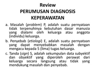Review
        PERUMUSAN DIAGNOSIS
            KEPERAWATAN
a. Masalah (problem) P, adalah suatu pernyataan
   tidak terpenuhinya kebutuhan dasar manusia
   yang dialami oleh keluarga atau anggota
   (individu) keluarga.
b. Penyebab (etiologi) E, adalah suatu pernyataan
   yang dapat menyebabkan masalah dengan
   mengacu kepada 5 (lima) tugas keluarga.
c. Tanda (sign) S, adalah sekumpulan data subyektif
   dan obyektif yang diperoleh perawat dari
   keluarga secara langsung atau tidak yang
   mendukung masalah dan penyebab.
 