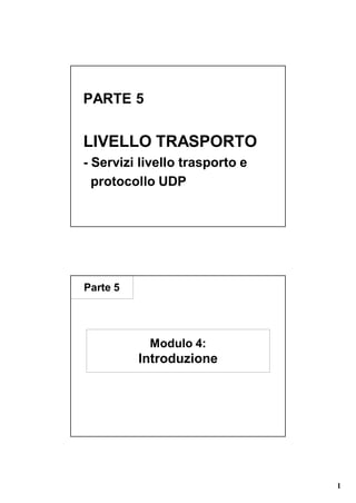PARTE 5


LIVELLO TRASPORTO
- Servizi livello trasporto e
  protocollo UDP




Parte 5




           Modulo 4:
          Introduzione




                                1
 