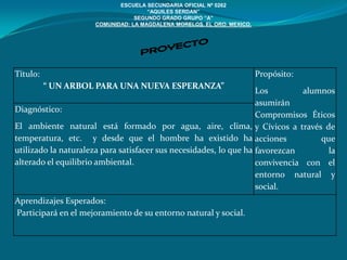 ESCUELA SECUNDARIA OFICIAL Nº 0262
                                     “AQUILES SERDAN”
                                 SEGUNDO GRADO GRUPO “A”
                     COMUNIDAD: LA MAGDALENA MORELOS, EL ORO, MEXICO.




Título:                                                                 Propósito:
          “ UN ARBOL PARA UNA NUEVA ESPERANZA”
                                                                   Los         alumnos
                                                                   asumirán
Diagnóstico:
                                                                   Compromisos Éticos
El ambiente natural está formado por agua, aire, clima, y Cívicos a través de
temperatura, etc. y desde que el hombre ha existido ha acciones                    que
utilizado la naturaleza para satisfacer sus necesidades, lo que ha favorezcan        la
alterado el equilibrio ambiental.                                  convivencia con el
                                                                   entorno natural y
                                                                   social.
Aprendizajes Esperados:
Participará en el mejoramiento de su entorno natural y social.
 