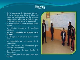  En la asignatura de Formación Cívica y
    Ética se elaboro una lluvia de ideas con
    todas las problemáticas que los alumnos
    comentaron y solamente se eligieron siete
    problemáticas que hay en su comunidad.
   1.- Construcción de una Cancha de Futbol
    rápido.
   2.- Solicitar transporte de autobuses
    públicos.
   3.- Tala indebida de arboles en el
    bosque.
   4.- Recoger la basura en las calles y en los
    ríos.
   5.- Empedrado de un camino de la
    comunidad.
   6.- Una antena de transmisión para
    celulares y para internet.
   7.- Construcción de una Cancha de
    Basquetbol.
   8.- Construcción de un pozo para agua
    potable
 