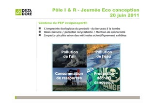 Pôle I & R - Journée Eco conception
                                 20 juin 2011
Contenu du PEP ecopassport®
   L’empreinte écologique du produit - du berceau à la tombe
   Bilan matière / potentiel recyclabilité / Mention de conformité
   Impacts calculés selon des méthodes scientifiquement validées




                Pollution                 Pollution
                 de l’air                 de l’eau



           Consommation                  Production
           de ressources                  déchets
                                         dangereux
 