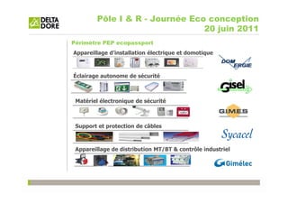 Pôle I & R - Journée Eco conception
                                20 juin 2011
Périmètre PEP ecopassport
Appareillage d’installation électrique et domotique



Éclairage autonome de sécurité



 Matériel électronique de sécurité



 Support et protection de câbles



 Appareillage de distribution MT/BT & contrôle industriel
 