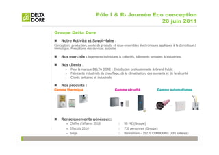 Pôle I & R- Journée Eco conception
                                                     20 juin 2011

Groupe Delta Dore
    Notre Activité et Savoir-faire :
Conception, production, vente de produits et sous-ensembles électroniques appliqués à la domotique /
immotique. Prestations des services associés

    Nos marchés : logements individuels & collectifs, bâtiments tertiaires & industriels.

    Nos clients :
           Pour la marque DELTA DORE : Distribution professionnelle & Grand Public
           Fabricants industriels du chauffage, de la climatisation, des ouvrants et de la sécurité
           Clients tertiaires et industriels

    Nos produits :
Gamme thermique                             Gamme sécurité                 Gamme automatismes




    Renseignements généraux:
           Chiffre d’affaires 2010            :    98 M€ (Groupe)
           Effectifs 2010                     :    730 personnes (Groupe)
           Siège                              :    Bonnemain - 35270 COMBOURG (491 salariés)
 