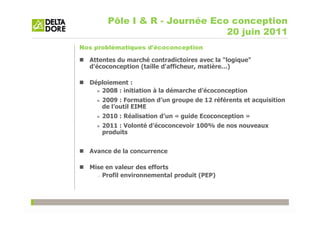 Pôle I & R - Journée Eco conception
                               20 juin 2011
Nos problématiques d'écoconception

  Attentes du marché contradictoires avec la "logique"
  d'écoconception (taille d'afficheur, matière…)

  Déploiement :
     2008 : initiation à la démarche d’écoconception
      2009 : Formation d’un groupe de 12 référents et acquisition
      de l’outil EIME
      2010 : Réalisation d’un « guide Ecoconception »
      2011 : Volonté d’écoconcevoir 100% de nos nouveaux
      produits


  Avance de la concurrence

  Mise en valeur des efforts
    ⇒ Profil environnemental produit (PEP)
 