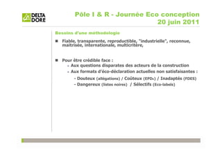 Pôle I & R - Journée Eco conception
                                20 juin 2011
Besoins d'une méthodologie
  Fiable, transparente, reproductible, "industrielle", reconnue,
  maitrisée, internationale, multicritère,


  Pour être crédible face :
     Aux questions disparates des acteurs de la construction
     Aux formats d’éco-déclaration actuelles non satisfaisantes :
       - Douteux (allégations) / Coûteux (EPDR) / Inadaptés (FDES)
       - Dangereux (listes noires) / Sélectifs (Eco-labels)
 