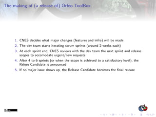The making of (a release of) Orfeo ToolBox
1. CNES decides what major changes (features and infra) will be made
2. The dev...