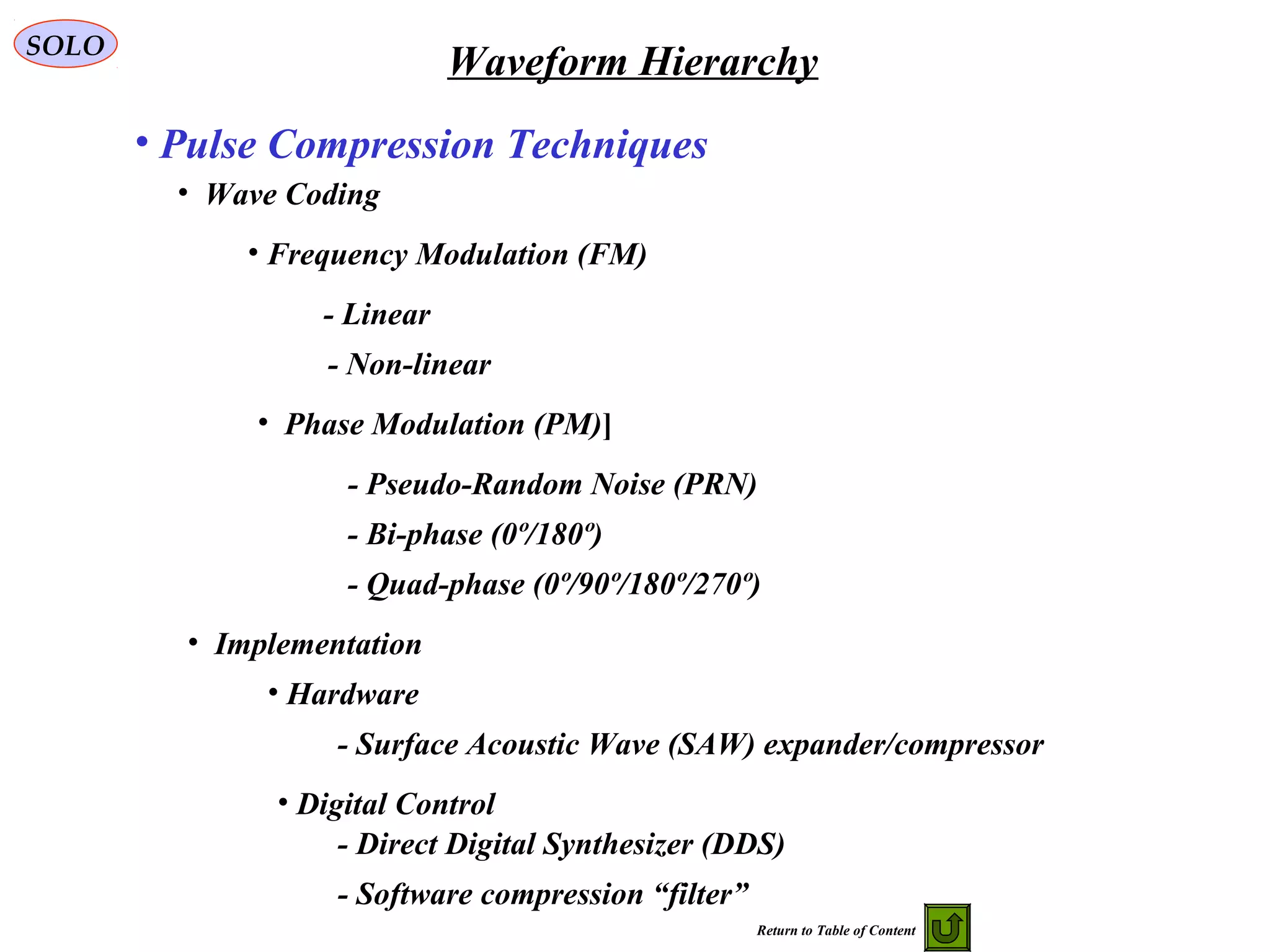 SOLO
Waveform Hierarchy
• Pulse Compression Techniques
• Wave Coding
• Frequency Modulation (FM)
- Linear
• Phase Modulation (PM)]
- Non-linear
- Pseudo-Random Noise (PRN)
- Bi-phase (0º/180º)
- Quad-phase (0º/90º/180º/270º)
• Implementation
• Hardware
- Surface Acoustic Wave (SAW) expander/compressor
• Digital Control
- Direct Digital Synthesizer (DDS)
- Software compression “filter”
Return to Table of Content
 
