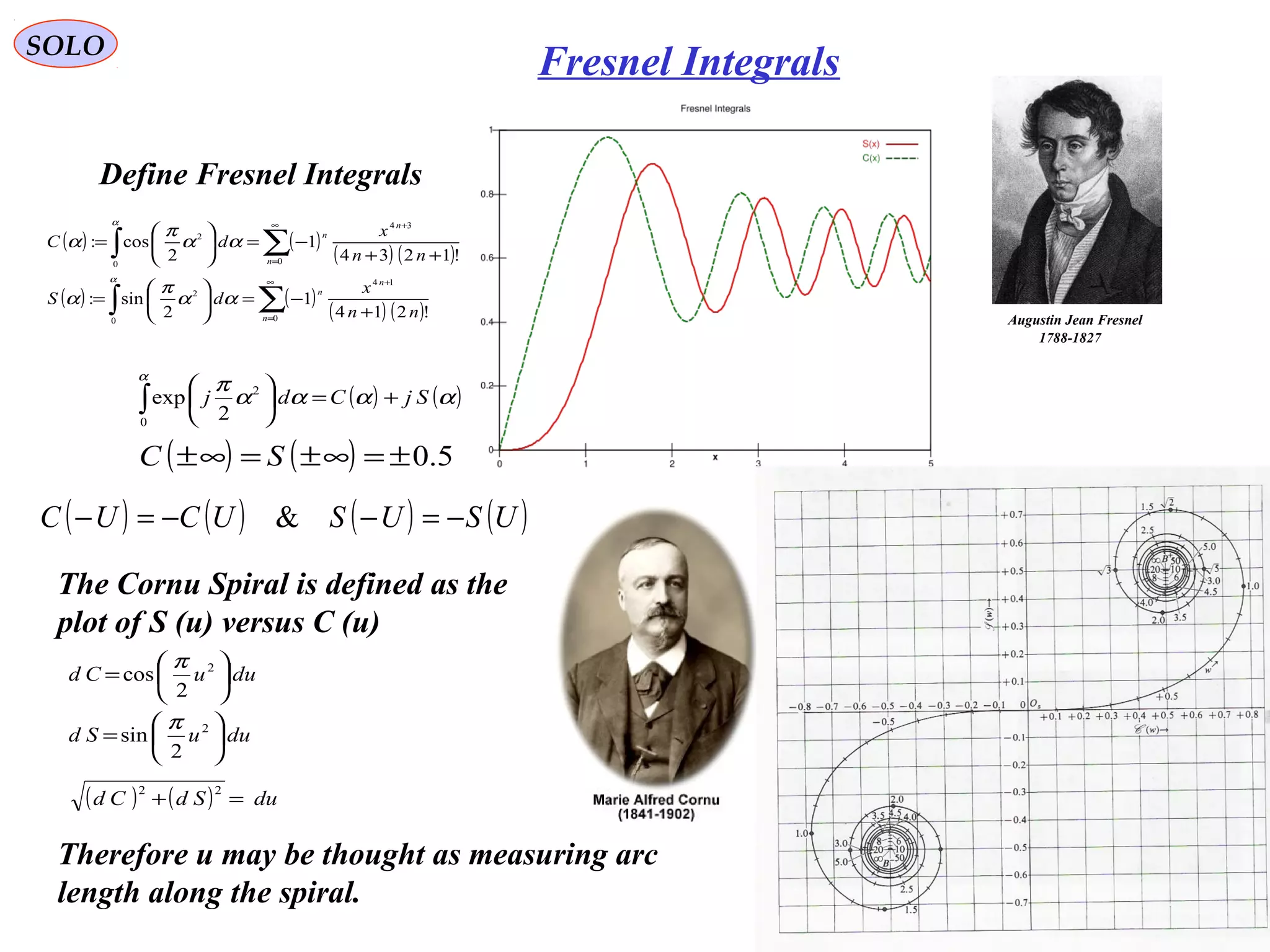 SOLO
Fresnel Integrals
Augustin Jean Fresnel
1788-1827
Define Fresnel Integrals
( ) ( )
( ) ( )
( ) ( )
( ) ( )∫ ∑
∑∫
∞
=
+
∞
=
+
+
−=





=
++
−=





=
α
α
αα
π
α
αα
π
α
0 0
14
2
0
34
0
2
!214
1
2
sin:
!1234
1
2
cos:
n
n
n
n
n
n
nn
x
dS
nn
x
dC
( ) ( )αααα
πα
SjCdj +=





∫0
2
2
exp
( ) ( ) 5.0±=∞±=∞± SC
( ) ( ) ( ) ( )USUSUCUC −=−−=− &
The Cornu Spiral is defined as the
plot of S (u) versus C (u)
duuSd
duuCd






=






=
2
2
2
sin
2
cos
π
π
( ) ( ) duSdCd =+
22
Therefore u may be thought as measuring arc
length along the spiral.
 