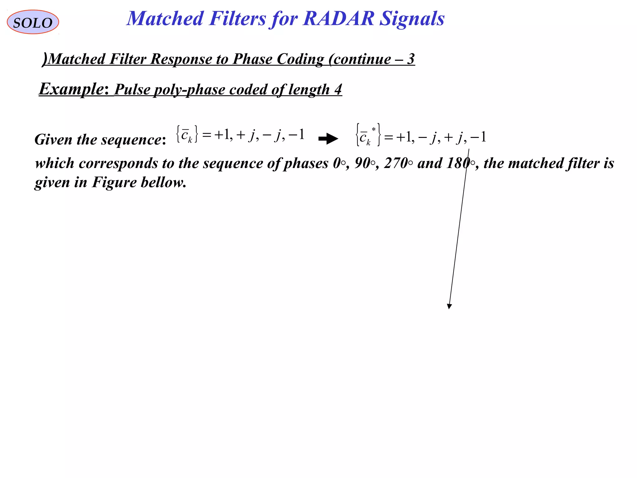 Matched Filters for RADAR SignalsSOLO
Matched Filter Response to Phase Coding (continue – 3(
Example: Pulse poly-phase coded of length 4
Given the sequence: { } 1,,,1 −−++= jjck
which corresponds to the sequence of phases 0◦, 90◦, 270◦ and 180◦, the matched filter is
given in Figure bellow.
{ } 1,,,1
*
−+−+= jjck
 