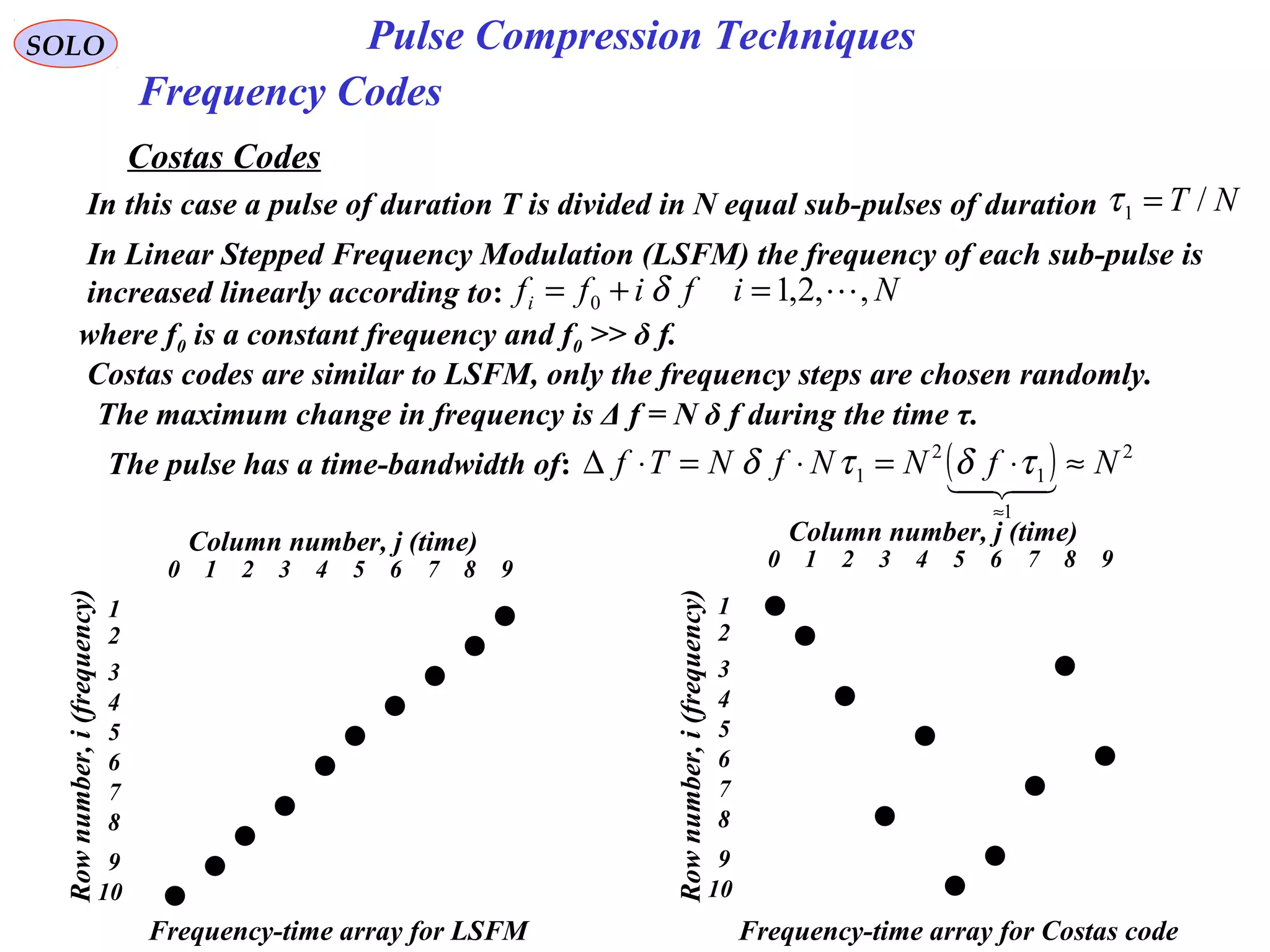 SOLO Pulse Compression Techniques
Frequency Codes
Costas Codes
In this case a pulse of duration T is divided in N equal sub-pulses of duration NT /1 =τ
In Linear Stepped Frequency Modulation (LSFM) the frequency of each sub-pulse is
increased linearly according to: Nififfi ,,2,10 =+= δ
where f0 is a constant frequency and f0 >> δ f.
The maximum change in frequency is Δ f = N δ f during the time τ.
The pulse has a time-bandwidth of: ( ) 2
1
1
2
1 NfNNfNTf ≈⋅=⋅=⋅∆
≈

τδτδ
0 1 2 3 4 5 6 7 8 9
1
2
3
4
5
6
7
8
9
10
0 1 2 3 4 5 6 7 8 9
1
2
3
4
5
6
7
8
9
10
Column number, j (time) Column number, j (time)
Rownumber,i(frequency)
Rownumber,i(frequency)
Frequency-time array for LSFM Frequency-time array for Costas code
Costas codes are similar to LSFM, only the frequency steps are chosen randomly.
 