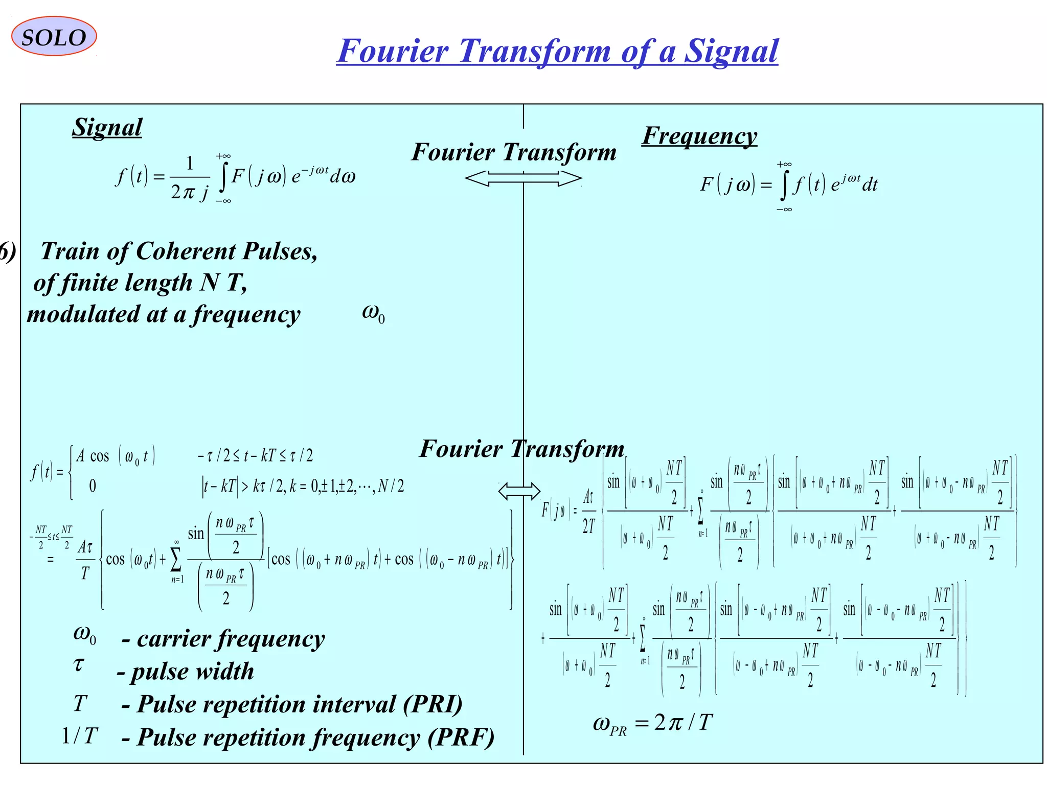 ( ) ( )∫
+∞
∞−
−
= ωω
π
ω
dejF
j
tf tj
2
1
Signal
( )
( )
( ) ( )( ) ( )( )[ ]












−++












+=



±±=>−
≤−≤−
=
∑
∞
=
≤≤−
1
000
22
0
coscos
2
2
sin
cos
2/,,2,1,0,2/0
2/2/cos
n
PRPR
PR
PRNT
t
NT
tntn
n
n
t
T
A
NkkkTt
kTttA
tf
ωωωω
τω
τω
ω
τ
τ
ττω

τ - pulse width
Frequency
( ) ( )∫
+∞
∞−
= dtetfjF tjω
ω
Fourier Transform
Fourier Transform
0ω - carrier frequency
6) Train of Coherent Pulses,
of finite length N T,
modulated at a frequency 0ω
T - Pulse repetition interval (PRI)
( )
( )
( )
( )
( )
( )
( )
( )
( )
( )
( )
( )
( )



















−−




−−
+
+−




+−












+
+




+
+



















−+




−+
+
++




++












+
+




+
=
∑
∑
∞
=
∞
=
1
0
0
0
0
0
0
1
0
0
0
0
0
0
2
2
sin
2
2
sin
2
2
sin
2
2
sin
2
2
sin
2
2
sin
2
2
sin
2
2
sin
2
n
PR
PR
PR
PR
PR
PR
n
PR
PR
PR
PR
PR
PR
TN
n
TN
n
TN
n
TN
n
n
n
TN
TN
TN
n
TN
n
TN
n
TN
n
n
n
TN
TN
T
A
jF
ωωω
ωωω
ωωω
ωωω
τω
τω
ωω
ωω
ωωω
ωωω
ωωω
ωωω
τω
τω
ωω
ωω
τ
ω
T/1 - Pulse repetition frequency (PRF)
TPR /2πω =
SOLO
Fourier Transform of a Signal
 