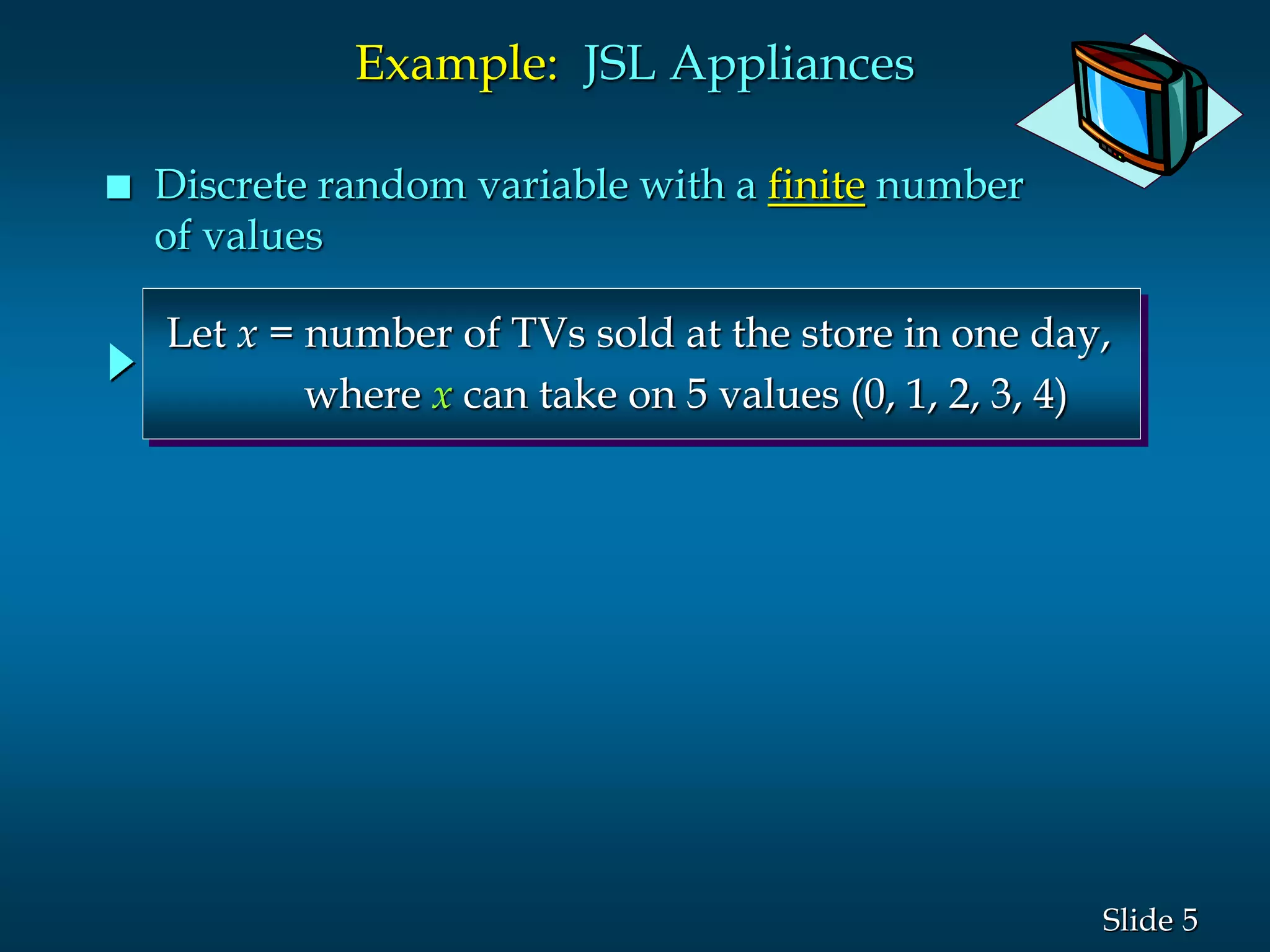 5Slide
Let x = number of TVs sold at the store in one day,
where x can take on 5 values (0, 1, 2, 3, 4)
Example: JSL Appliances
 Discrete random variable with a finite number
of values
 