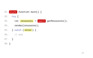 async
resources await
error
// wow
function main() {
try {
let = getResources();
render(resources);
} catch ( ) {
}
}
01.
02.
03.
04.
05.
06.
07.
08.
28
 