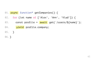 async
await
yield
function* getCompanies() {
for (let name of ['Alex', 'Ann', 'Vlad']) {
const profile = get(`/users/${name}`);
profile.company;
}
}
01.
02.
03.
04.
05.
06.
45
 