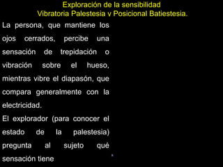 Exploración de la sensibilidad
Vibratoria Palestesia y Posicional Batiestesia.
La Palestesia se estudia con
ayuda de un diapasón, de 128
vibraciones por segundo, que
se hace vibrar mediante un
golpe sobre su rama de “U”, y
que se aplica inmediatamente
por su pie sobre una superficie
ósea, epífisis de los huesos
largos, de la tibia, por ejemplo
05/08/2014 Dr. Omar Diaz Tablas 28
La persona, que mantiene los
ojos cerrados, percibe una
sensación de trepidación o
vibración sobre el hueso,
mientras vibre el diapasón, que
compara generalmente con la
electricidad.
El explorador (para conocer el
estado de la palestesia)
pregunta al sujeto qué
sensación tiene
 