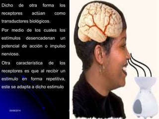 05/08/2014 Dr. Omar Diaz Tablas 8
Dicho de otra forma los
receptores actúan como
transductores biológicos.
Por medio de los cuales los
estímulos desencadenan un
potencial de acción o impulso
nervioso.
Otra característica de los
receptores es que al recibir un
estimulo en forma repetitiva,
este se adapta a dicho estimulo
 