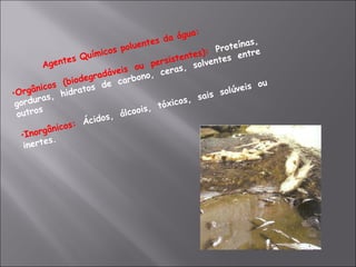 Agentes Químicos poluentes da água: Orgânicos (biodegradáveis ou persistentes):  Proteínas, gorduras, hidratos de carbono, ceras, solventes entre outros Inorgânicos:  Ácidos, álcoois, tóxicos, sais solúveis ou inertes. 
