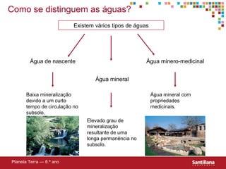 Como se distinguem as águas? Existem vários tipos de águas Água de nascente Água mineral Água minero-medicinal Baixa mineralização devido a um curto tempo de circulação no subsolo. Elevado grau de mineralização resultante de uma longa permanência no subsolo. Água mineral com propriedades medicinais. Planeta Terra — 8.º ano 