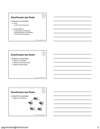 ppguimaraes@hotmail.com 2
Classificação das Redes
 Segundo sua extensão
 Local:
 LAN (Local Area Network)
 Longa Distância:
 CAN (Campus Area Network)
 MAN (Metropolitan Area Network)
 WAN (World Area Network)
Paulo Guimarães – ppguimaraes@hotmail.com
Classificação das Redes
 Segundo sua topologia
 Rede em anel (Ring)
 Rede em barramento (Bus)
 Rede em estrela (Star)
Paulo Guimarães – ppguimaraes@hotmail.com
Classificação das Redes
 Segundo sua topologia
 Rede em anel (Ring)
Paulo Guimarães – ppguimaraes@hotmail.com
 