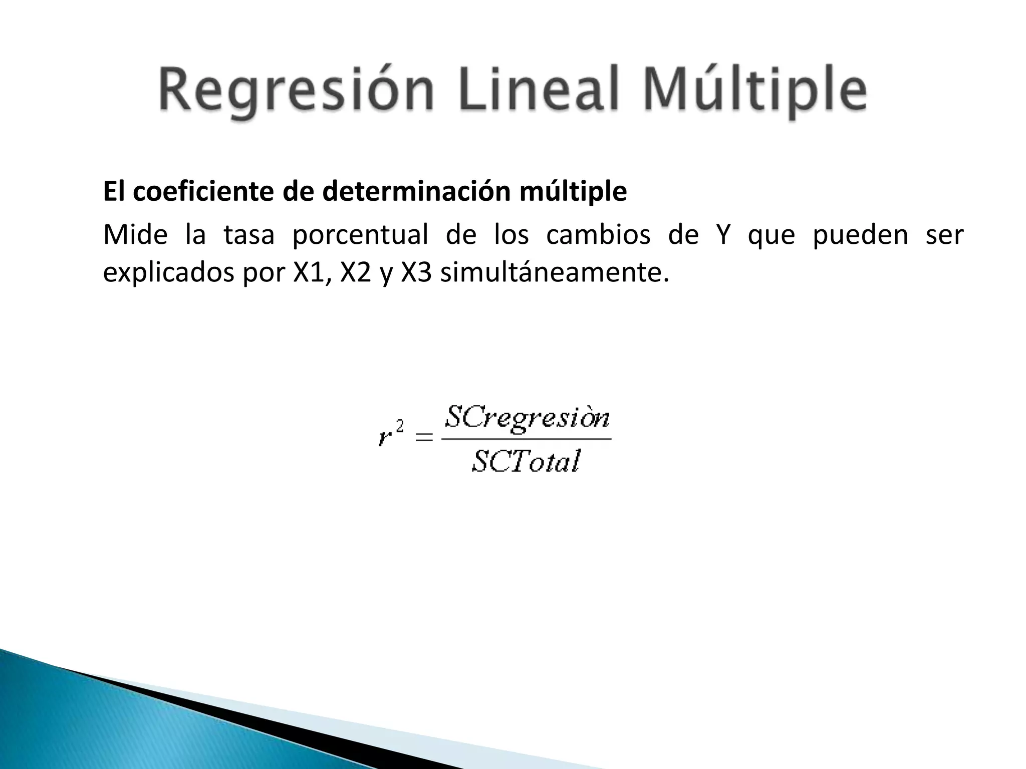 El coeficiente de determinación múltiple
Mide la tasa porcentual de los cambios de Y que pueden ser
explicados por X1, X2 y X3 simultáneamente.
 