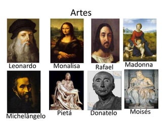 Artes




Leonardo       Monalisa     Rafael   Madonna




                Pietá     Donatelo    Moisés
Michelângelo
 