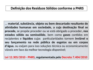 ... material, substância, objeto ou bem descartado resultante de
atividades humanas em sociedade, a cuja destinação final se
procede, se propõe proceder ou se está obrigado a proceder, nos
estados sólido ou semissólido, bem como gases contidos em
recipientes e líquidos cujas particularidades tornem inviável o
seu lançamento na rede pública de esgotos ou em corpos
d’água, ou exijam para isso soluções técnica ou economicamente
viáveis em face da melhor tecnologia disponível;
Lei 12.305/2010 - PNRS, regulamentada pelo Decreto 7.404/2010
Definição dos Resíduos Sólidos conforme a PNRS
 
