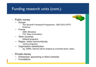 Funding research units (cont.)
◦  Public money
•  Europe
◦  The Seventh Framework Programme - 2007-2013 (FP7)
◦  Erasmus
•  France
◦  ANR, Ministries
◦  FUI, Oseo (innovation)
•  Other countries
◦  bilateral programs
•  Region, Urban community/city:
◦  various programs
•  Organisation redistribution
◦  eg. CNRS, internal call for projects at university level, Labex…
◦  Private money
•  Enterprises: sponsoring or direct contracts
•  Foundations
 